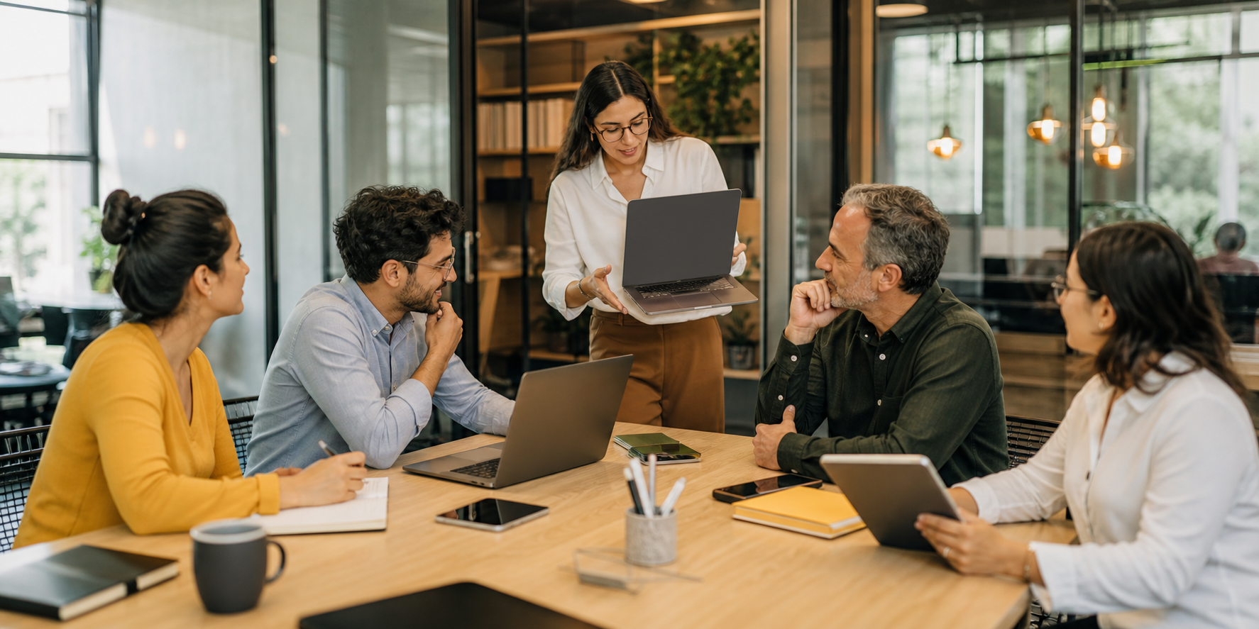 Fintech Executives Using CRM in Organized Workspace
