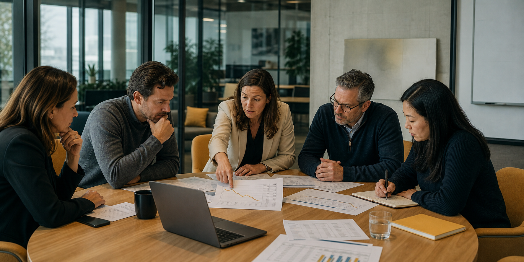Founders Reviewing Forecasts with Revenue Team in Corporate Office