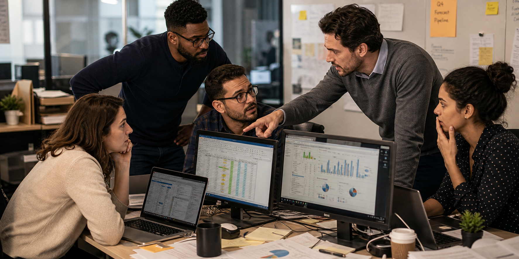 Frustrated Revenue Team Reviewing Messy CRM Dashboards