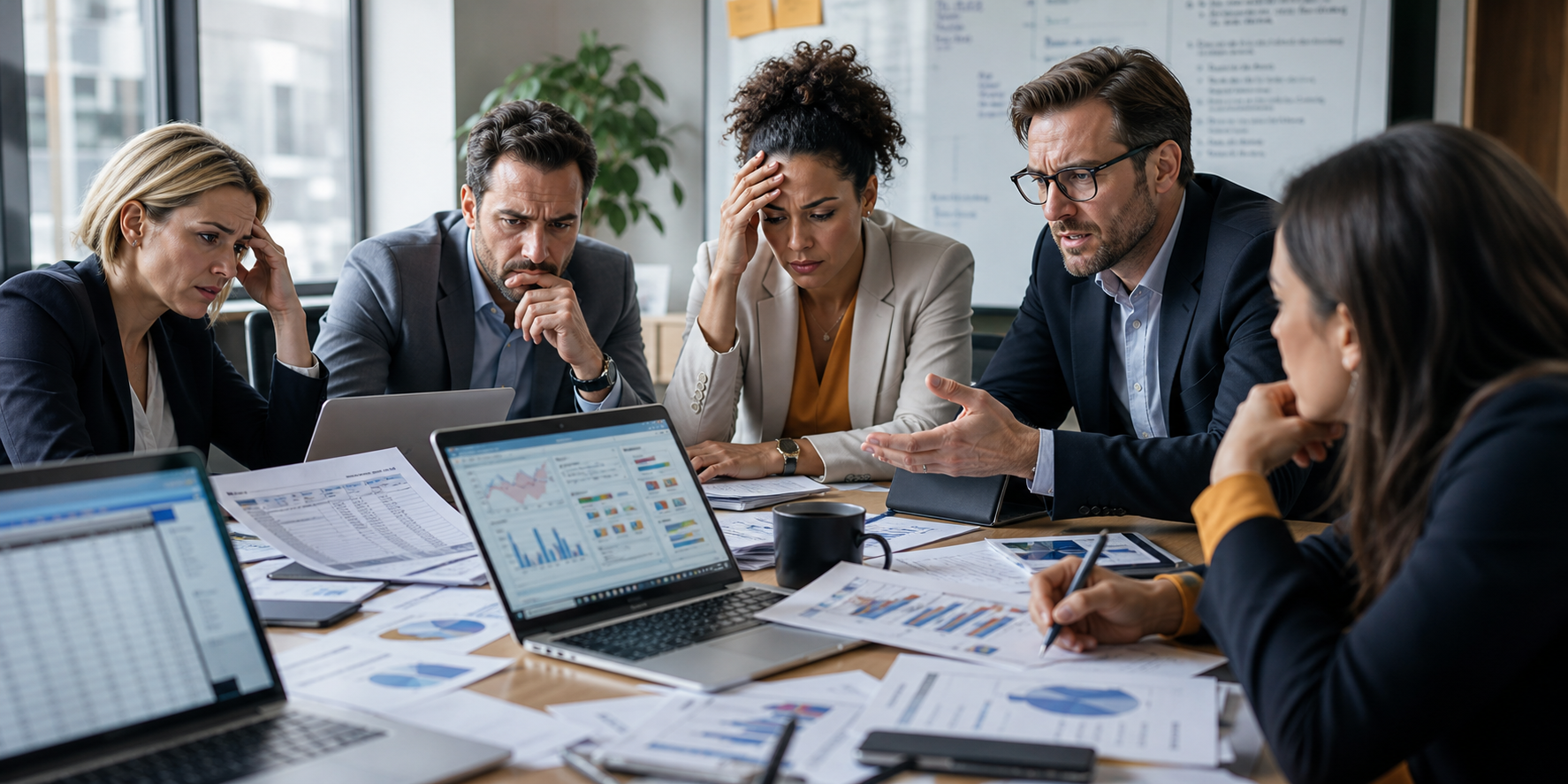 Frustrated Sales Team Analyzing Chaotic CRM Dashboards