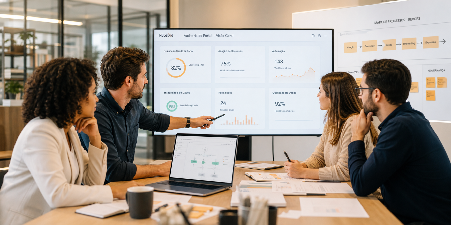 HubSpot Audit Team Reviewing SaaS Metrics in Modern Office