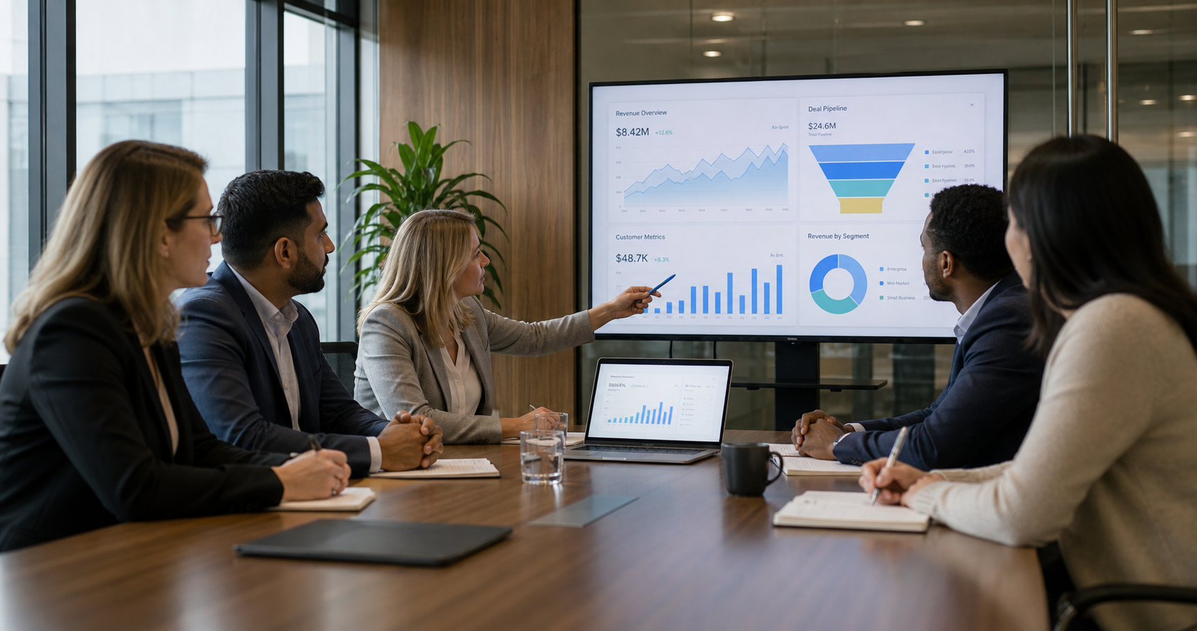 Leadership Team Analyzing Revenue Dashboard and CRM in Modern Corporate Setting