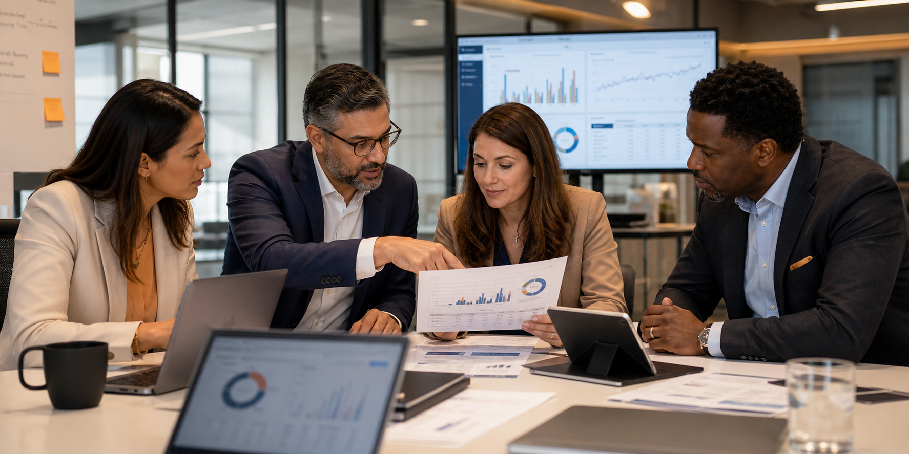 Leadership Team Analyzing Revenue Insights in CRM Workspace