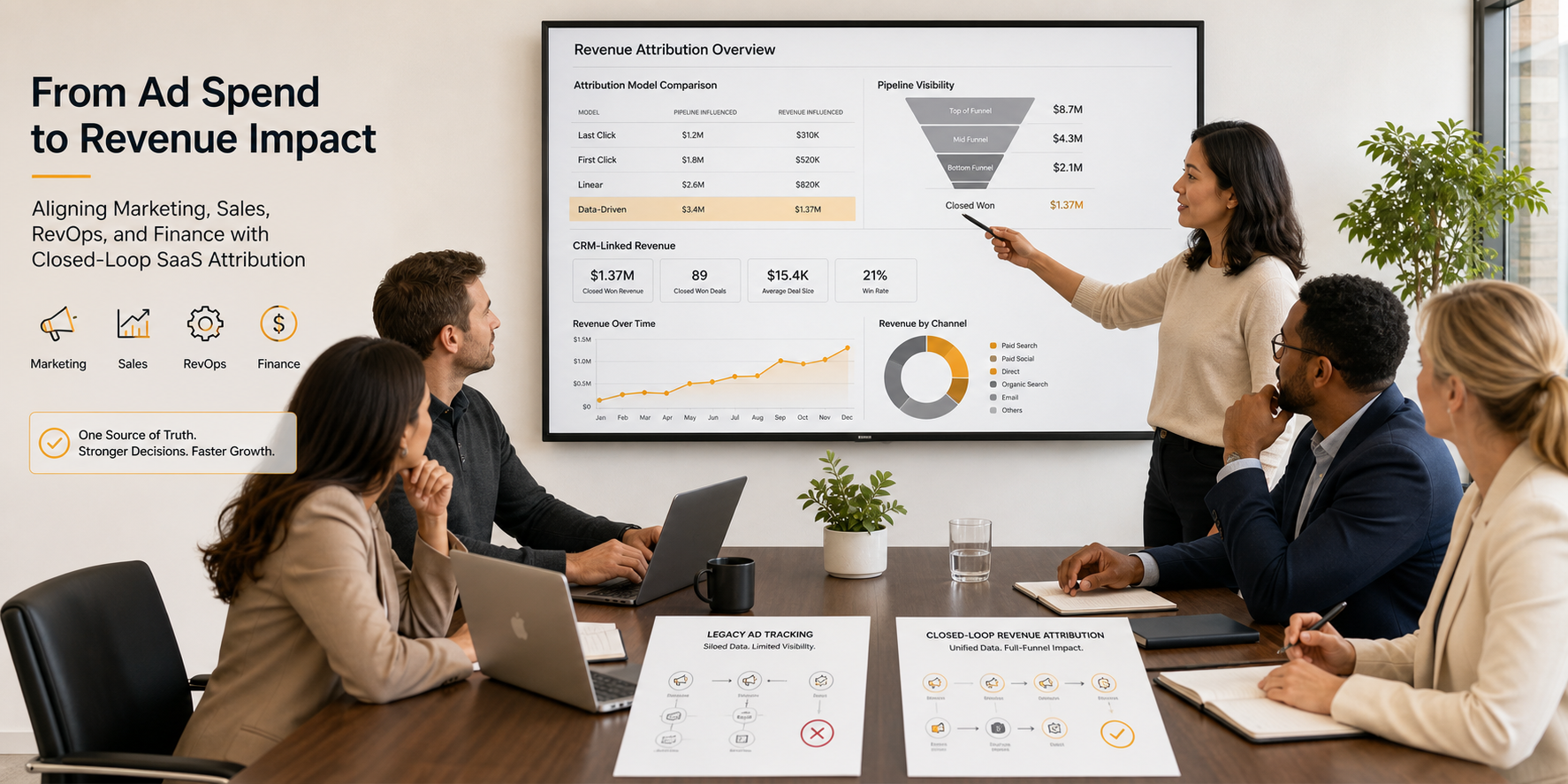 Leadership Team Comparing Revenue Models in Corporate Setting