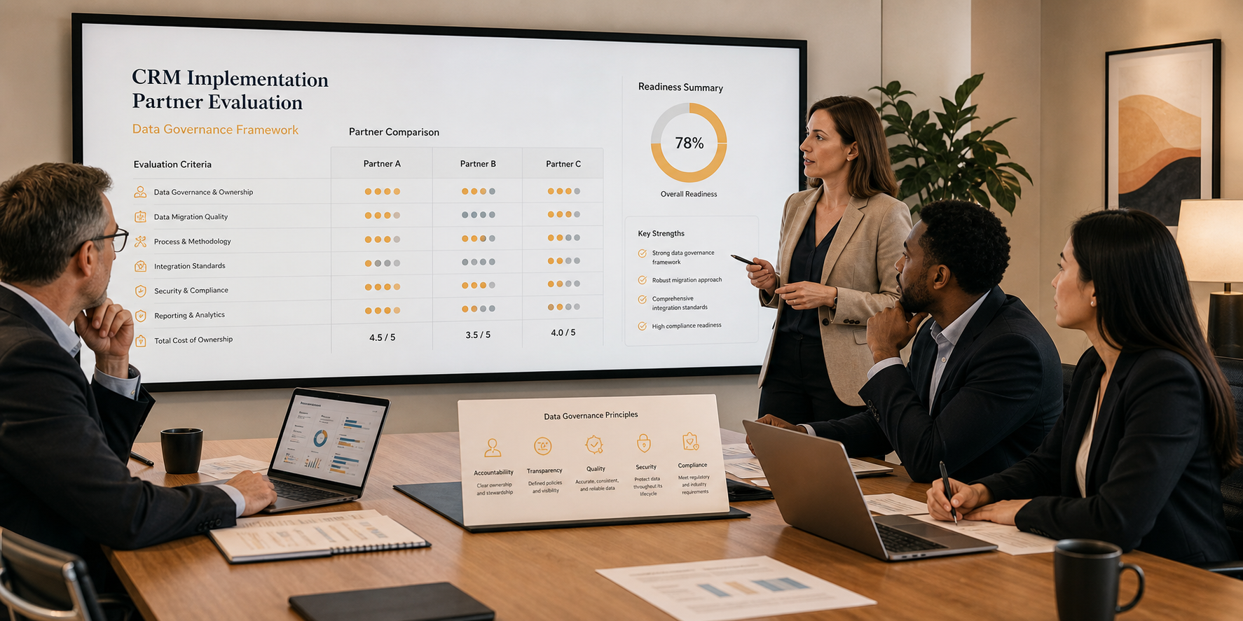 Leadership Team Evaluating CRM Partners with Data Governance Framework