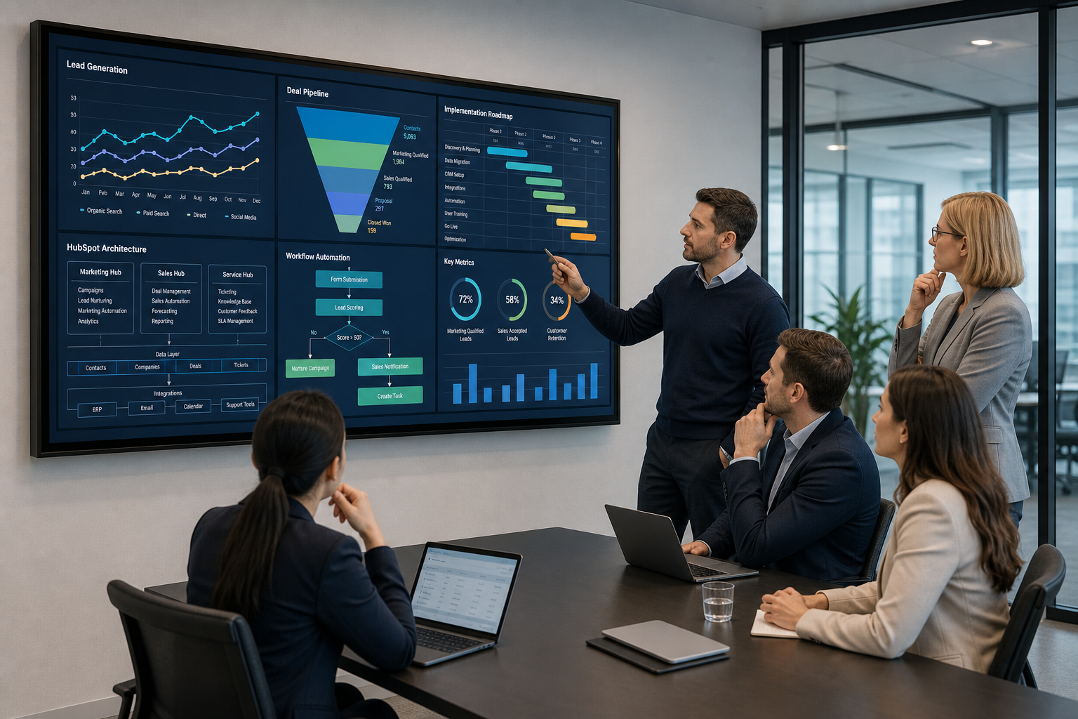 Leadership Team Evaluating HubSpot Strategy on Digital Screen