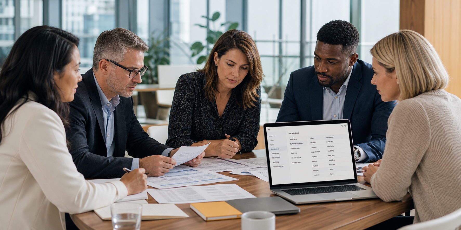 Leadership Team Reviewing CRM Governance in Modern Office