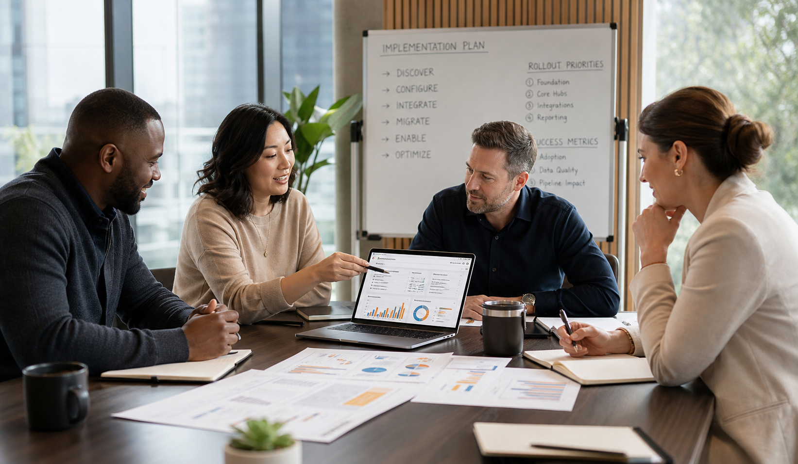 Leadership Team Reviewing CRM Plan in Professional Office
