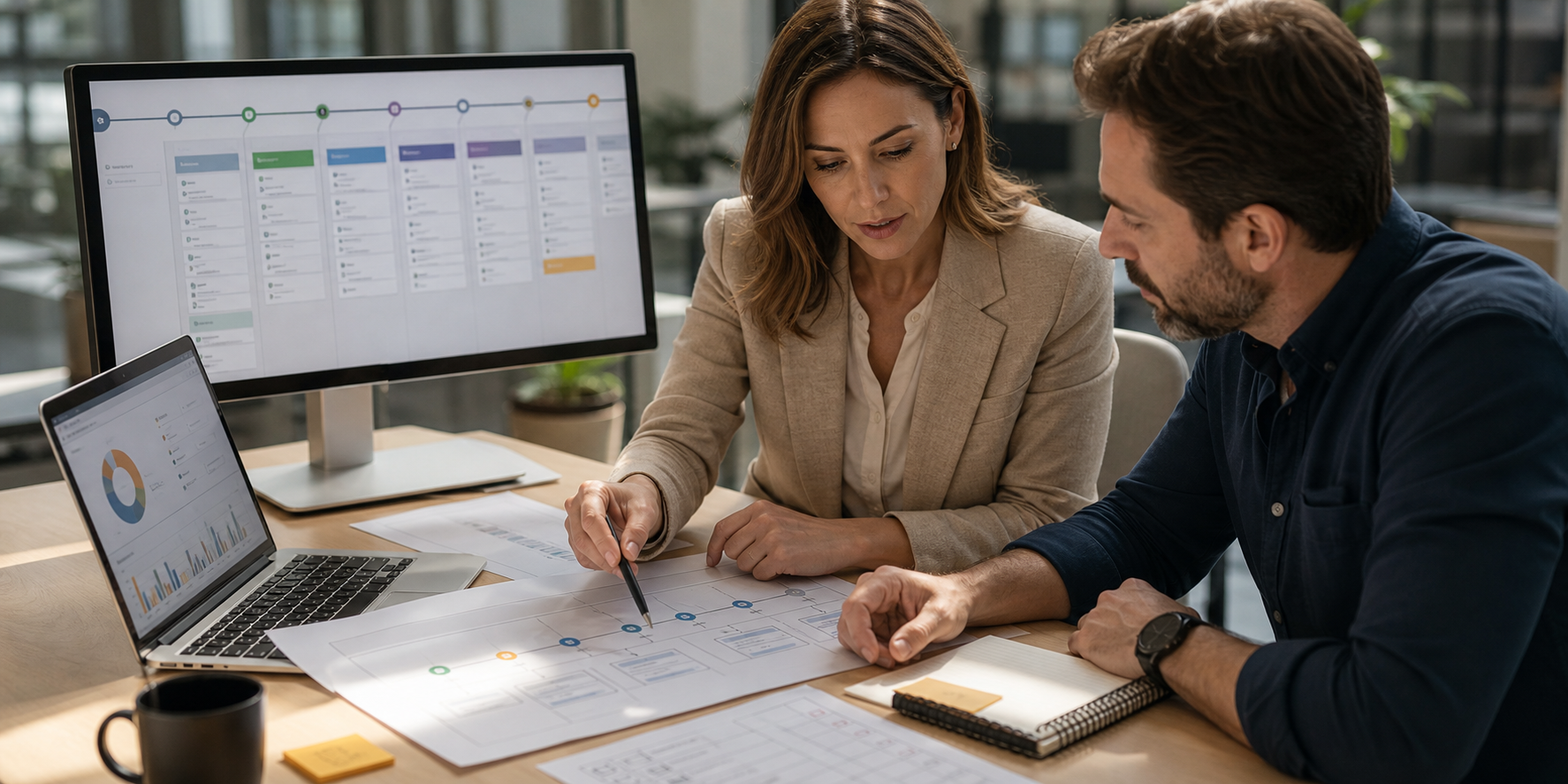 Marketing Leaders Reviewing Campaign Analytics At Modern Desk