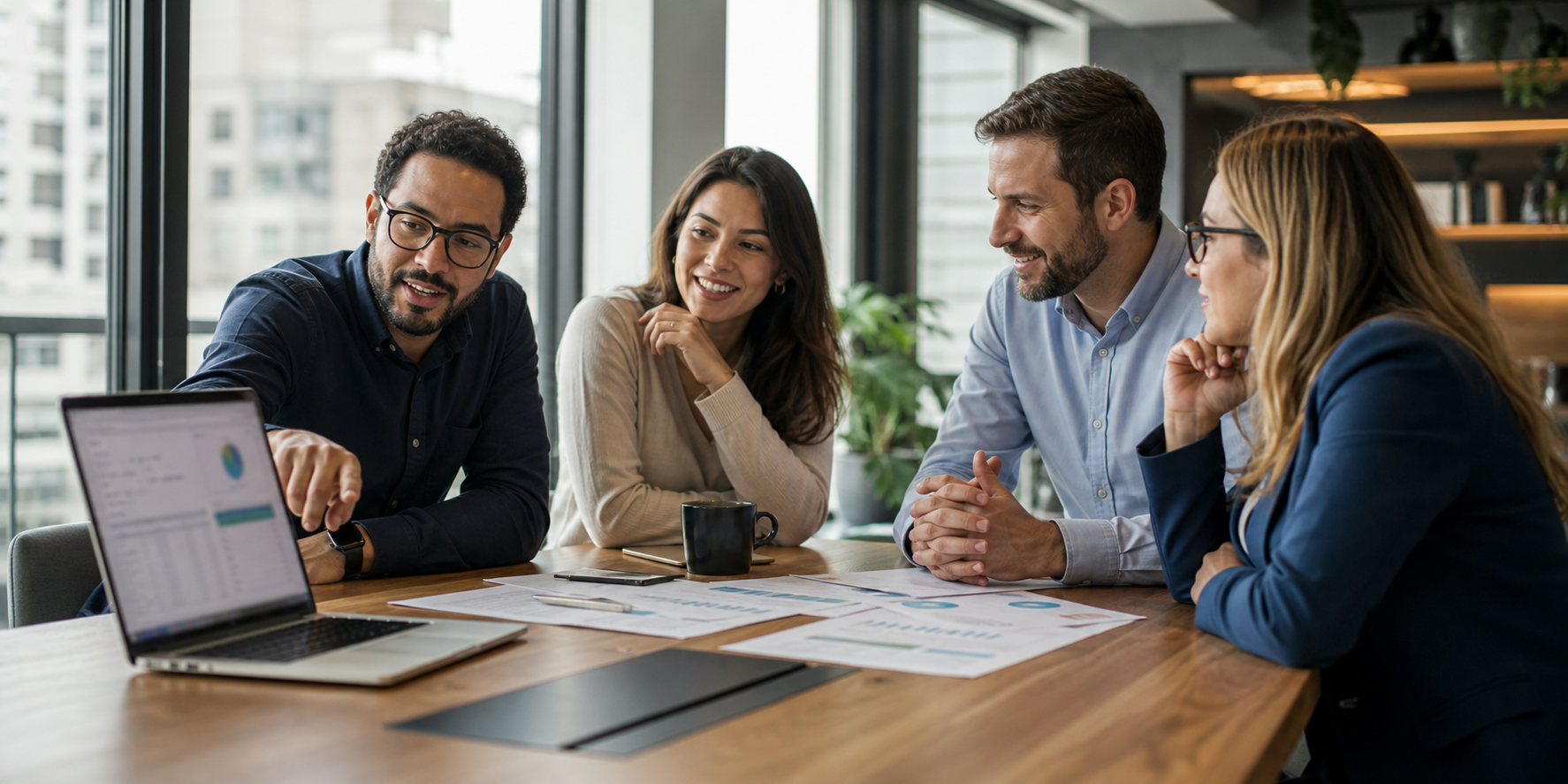 Marketing Leaders Reviewing Campaign Contacts In Modern Brazilian Office