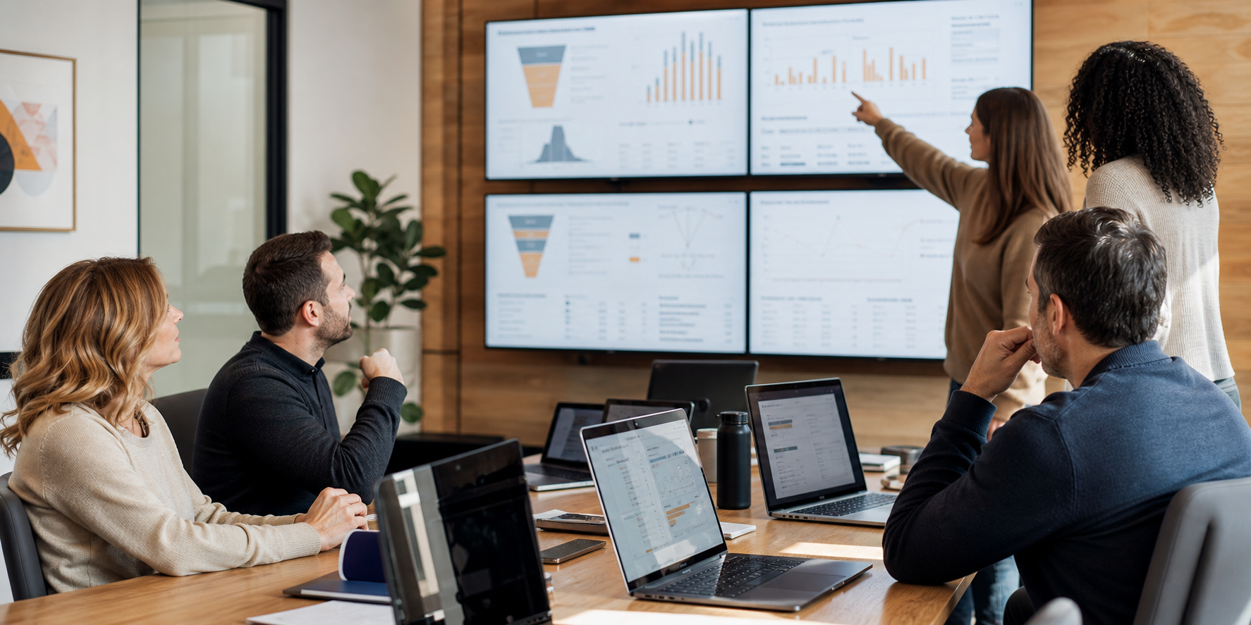 Marketing Team Analyzing Revenue Data In Modern Conference Room