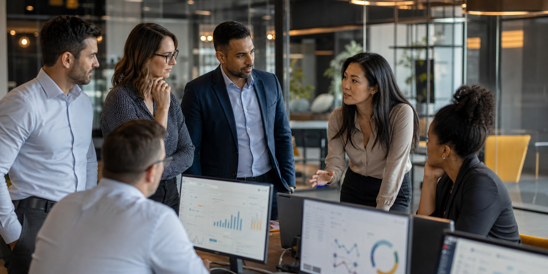 Marketing Team Reviewing CRM Dashboards In Modern Office