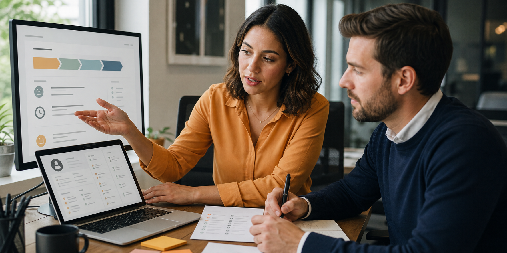 Marketing Team Reviewing Sales Pipeline at Modern Desk