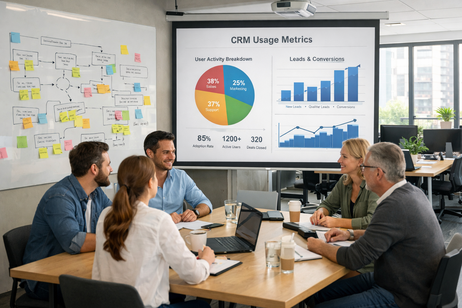 Modern Office Collaboration with CRM Presentation and Whiteboards