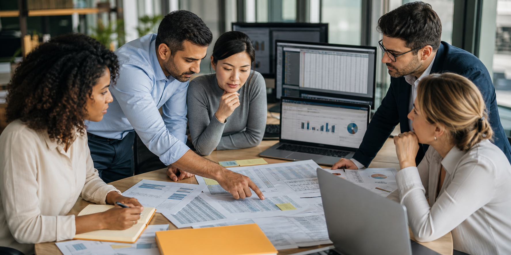 Multidisciplinary Team Reviewing SaaS Data on Desk