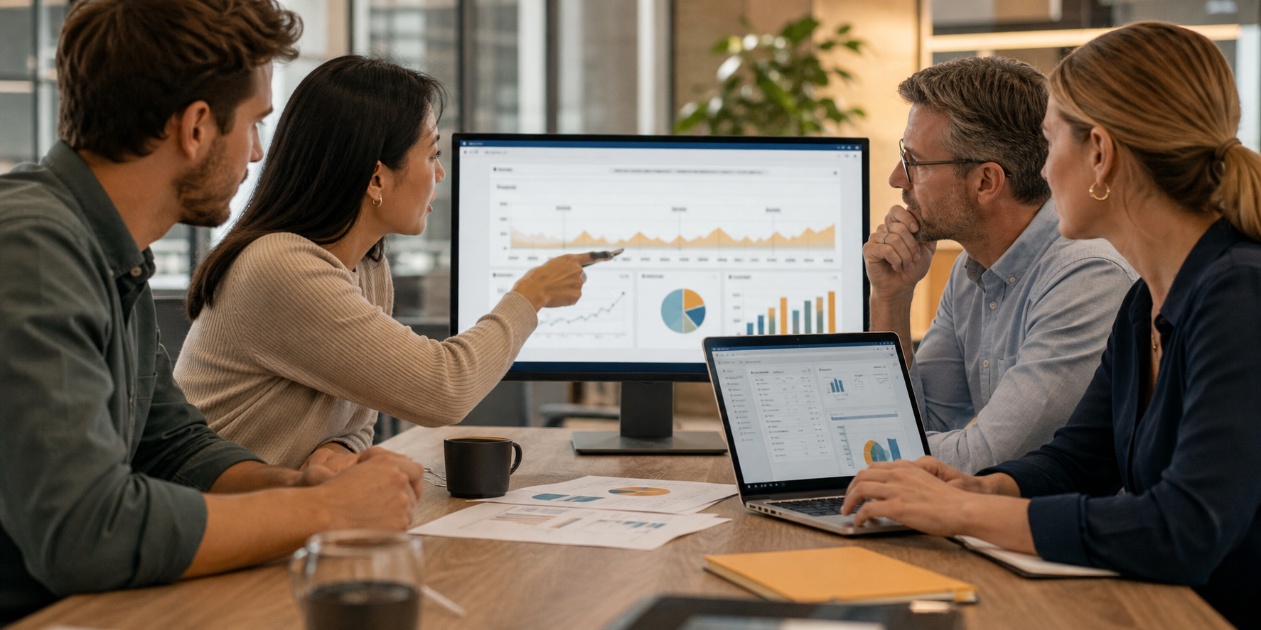Product Team Reviewing SaaS Metrics at Workspace