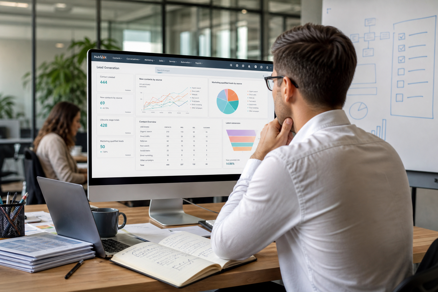 Professional Analyzing HubSpot CRM Dashboard In Modern Office