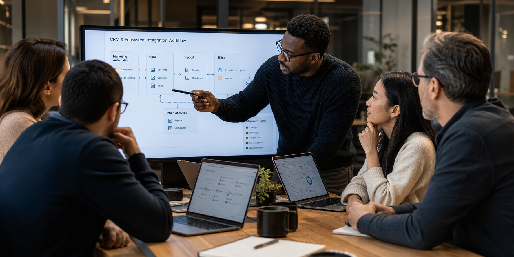RevOps Team Analyzing CRM Integrations in Modern Office