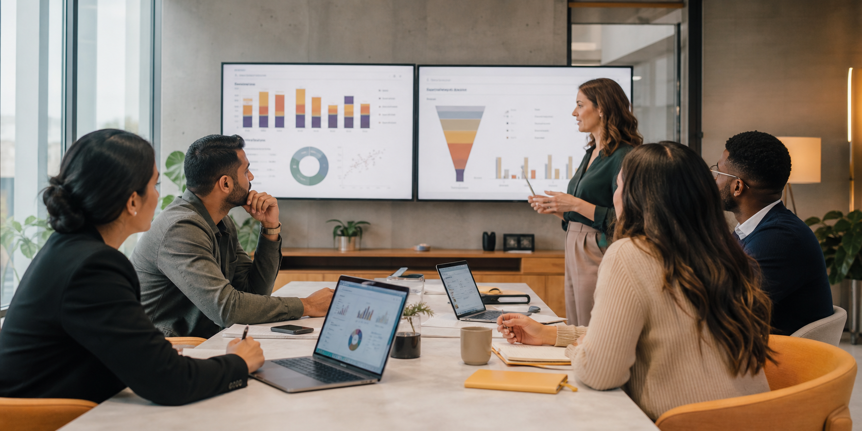 RevOps Team Analyzing HubSpot Dashboards In Modern Conference Room