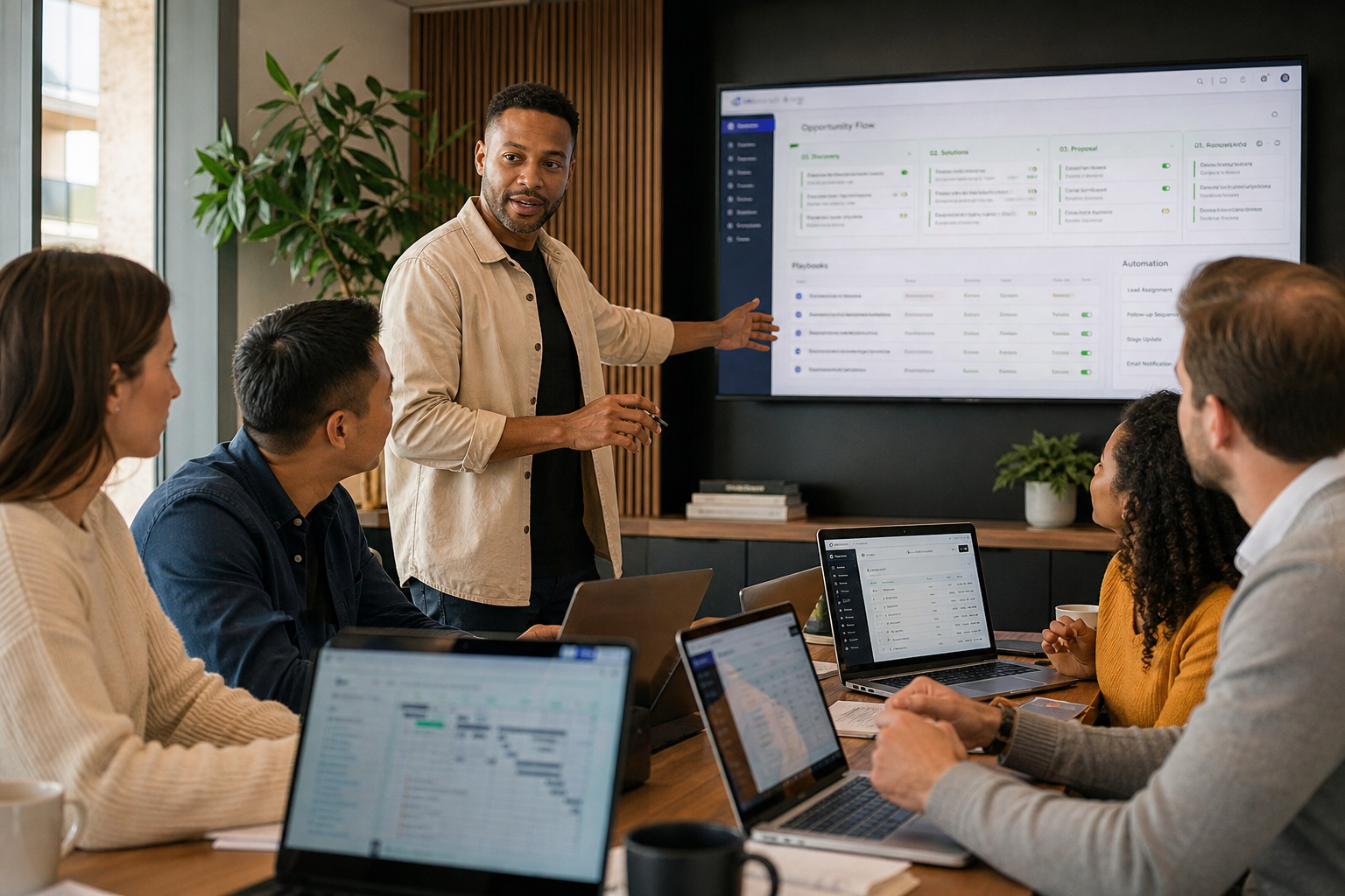 RevOps Team Discussing Sales Flow in Modern Office