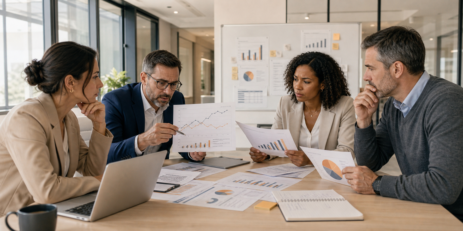 Revenue Executives Analyzing Inconsistent CRM Data in Modern Office