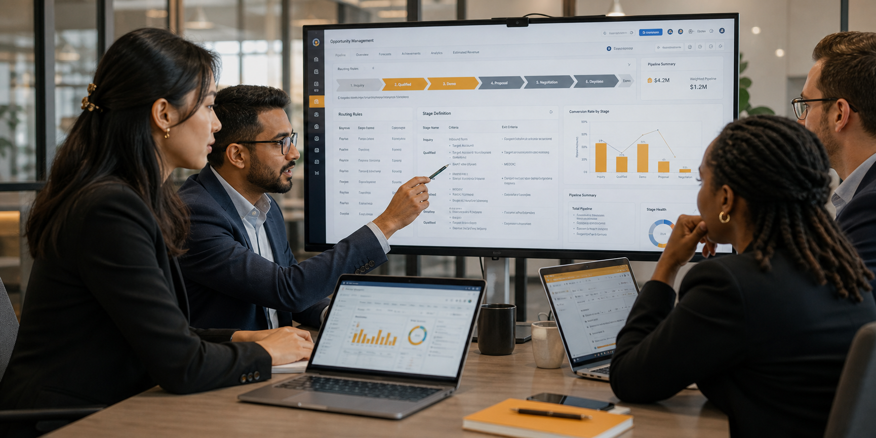 Revenue Leaders Reviewing CRM Analytics In Modern Office