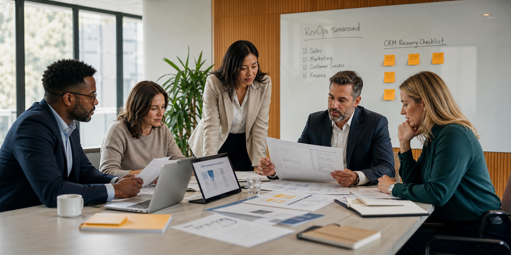 Revenue Leadership Team Evaluating CRM Strategies in Modern Boardroom