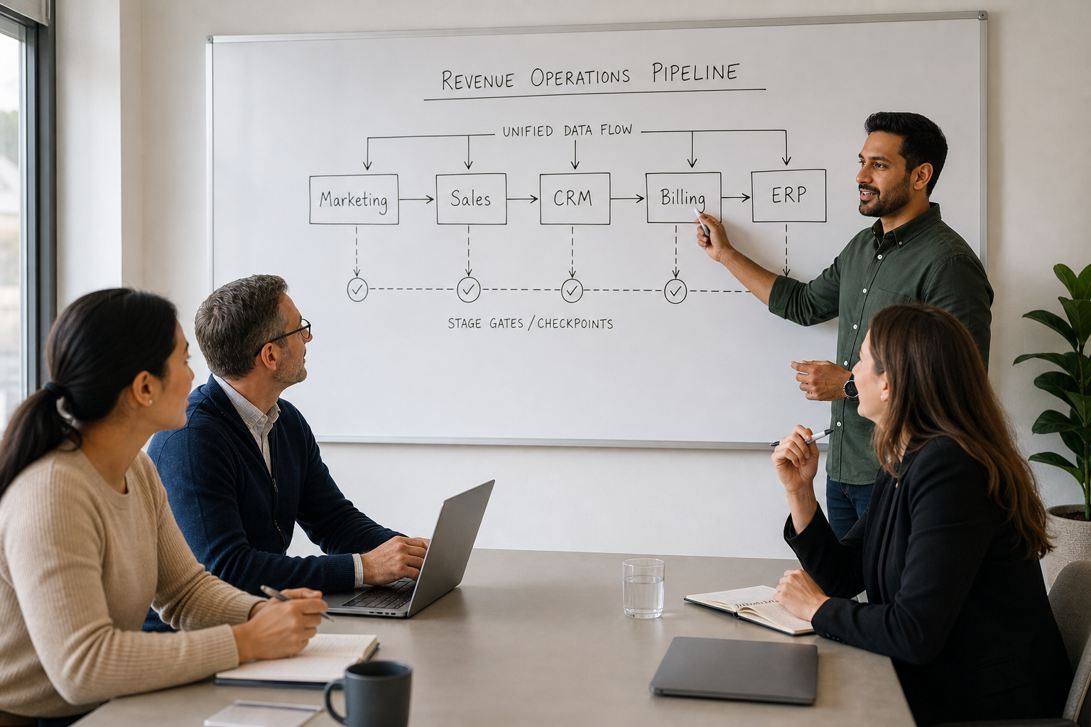 Revenue Operations Consultant Mapping Pipeline Flow on Whiteboard