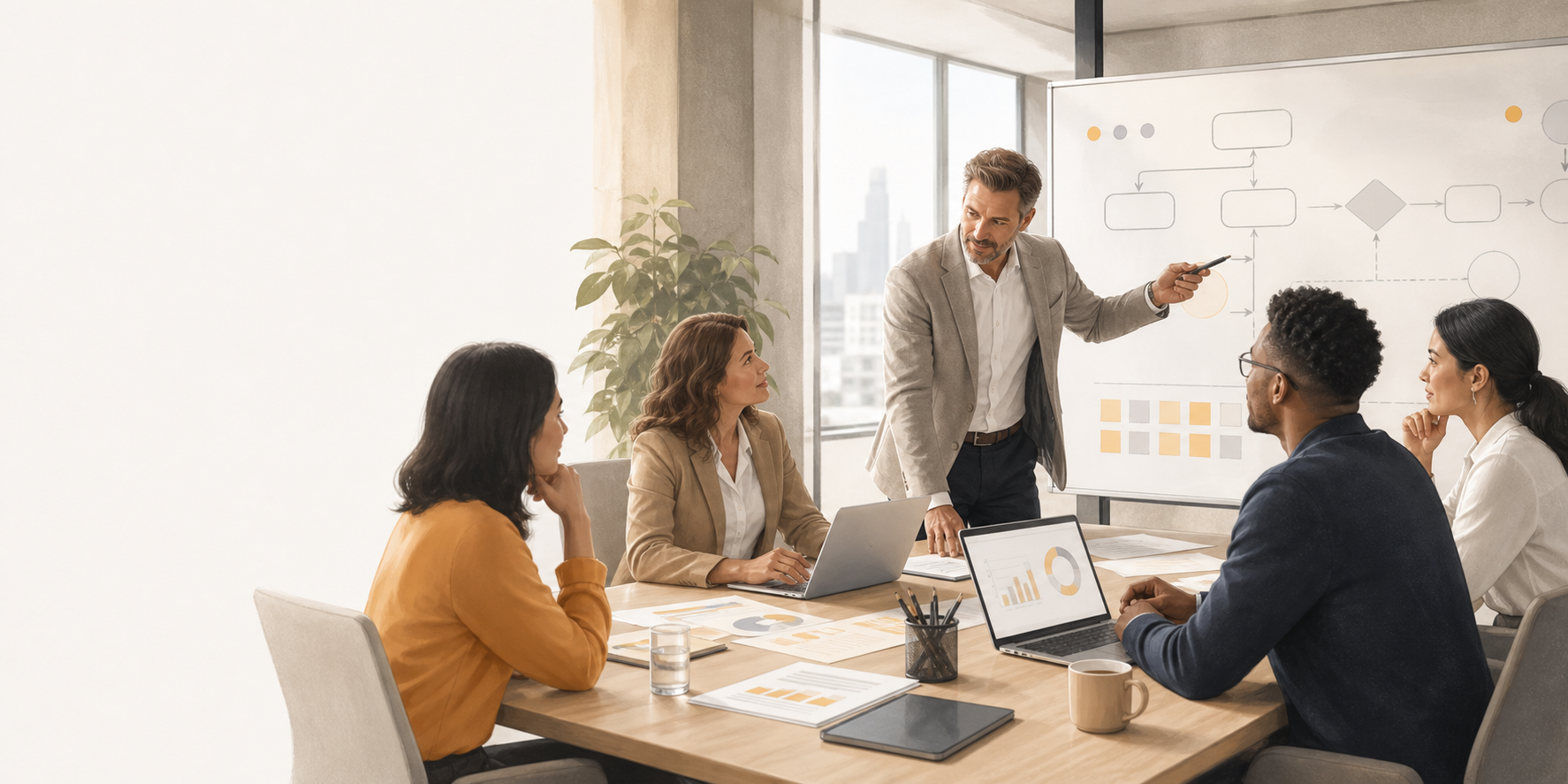 Revenue Operations Strategy Team Collaborating in Bright Workspace