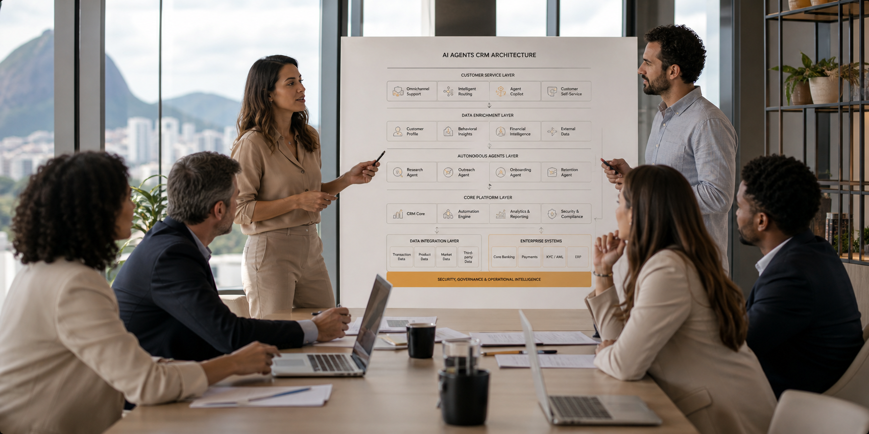 Revenue Operations Team Analyzing CRM Architecture in Fintech Hub