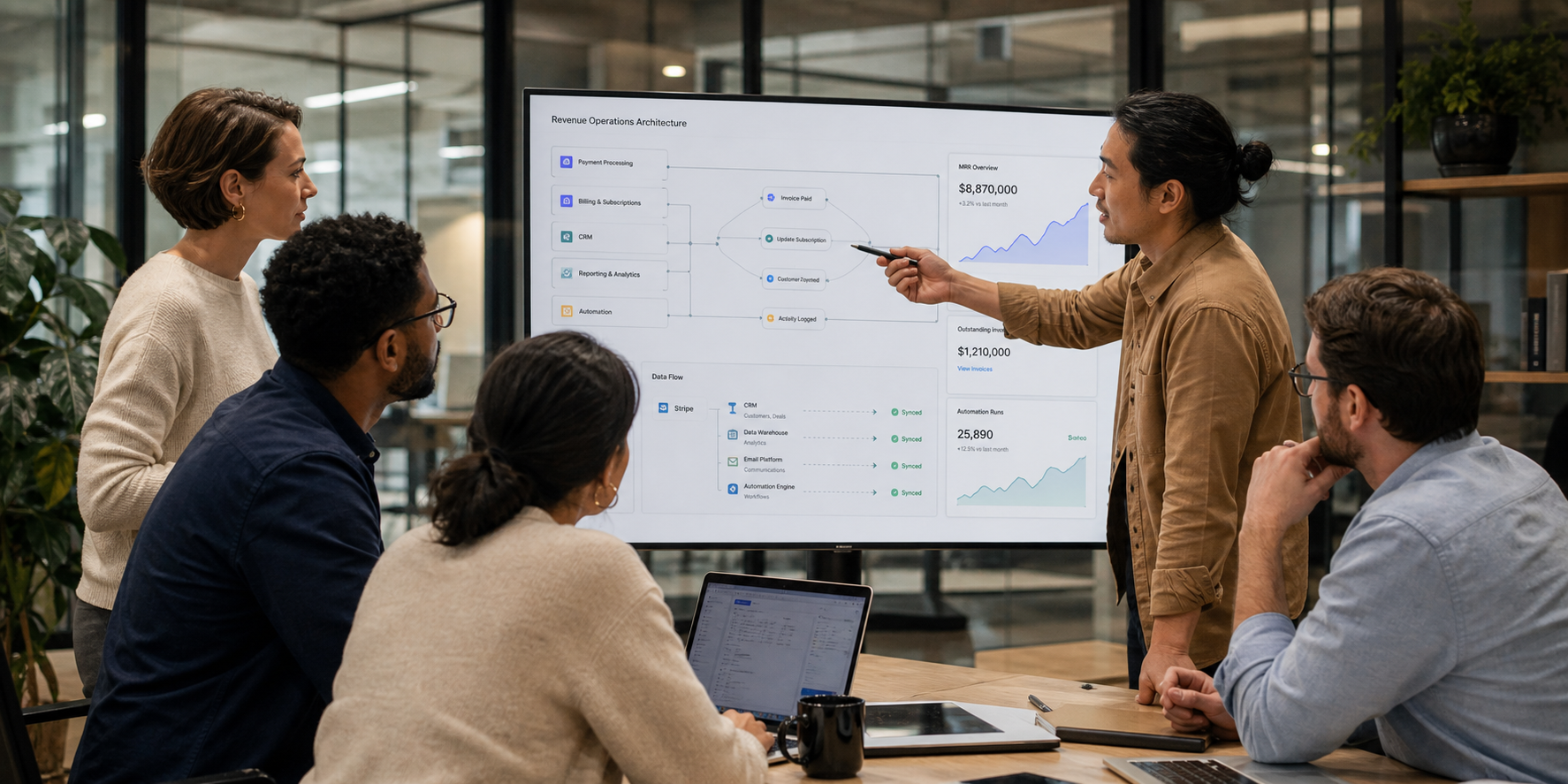 Revenue Ops Team Collaborating on Integrated Systems Dashboard