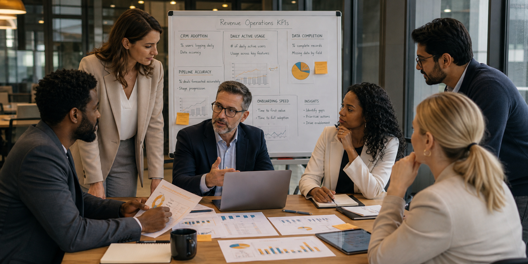 SaaS Leadership Reviewing CRM Metrics in Modern Office