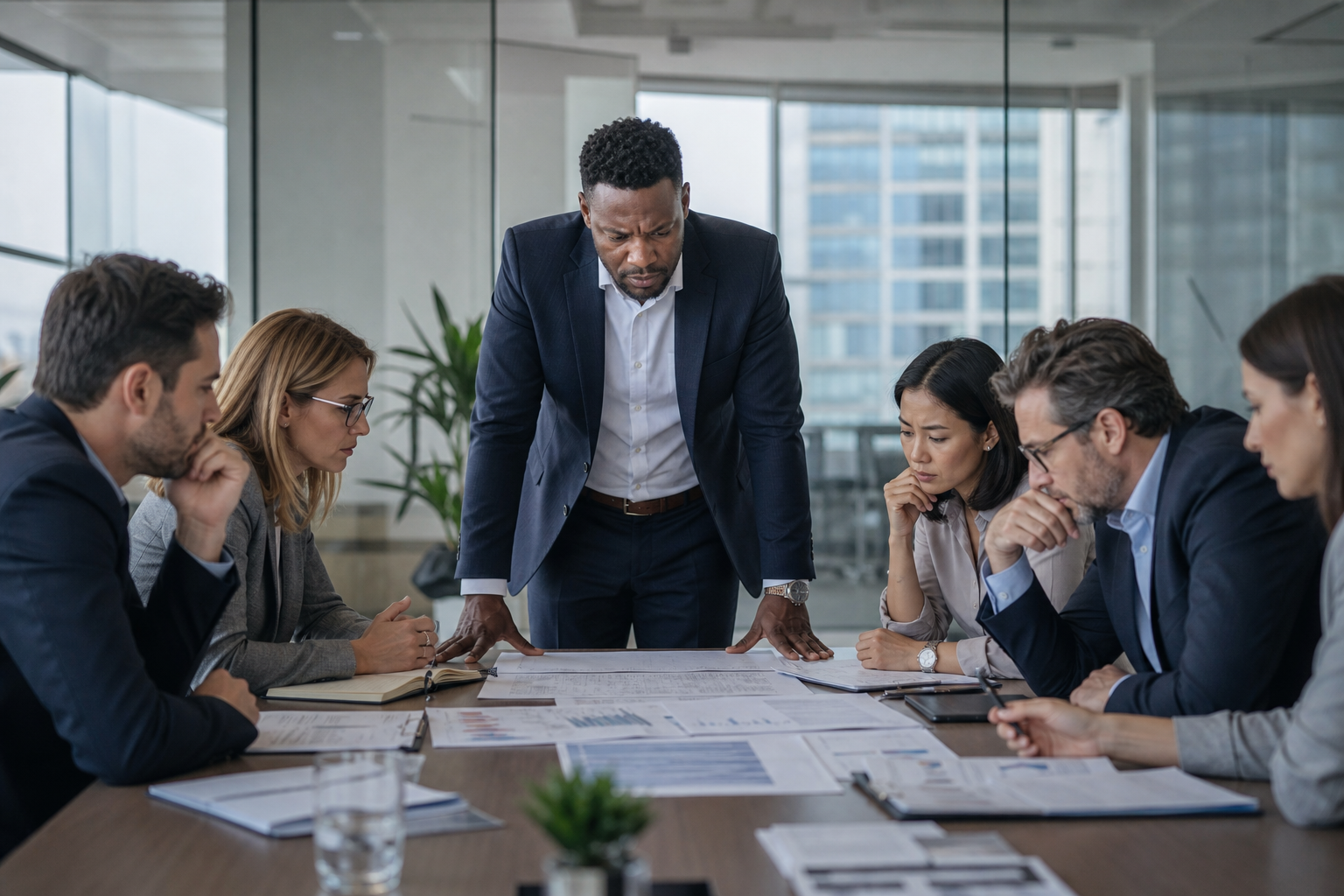 SaaS Revenue Leader Analyzing Reports in Modern Meeting Room