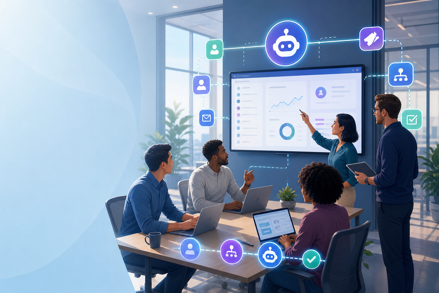 SaaS Team Collaborating with AI Agents in Tech Office