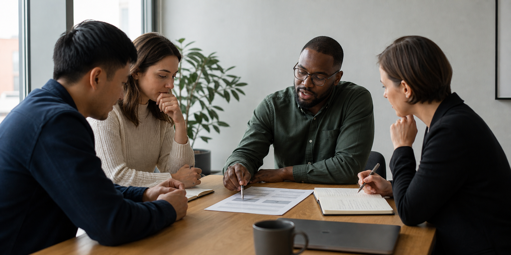 SaaS Team Reviewing Process Document at Meeting Table