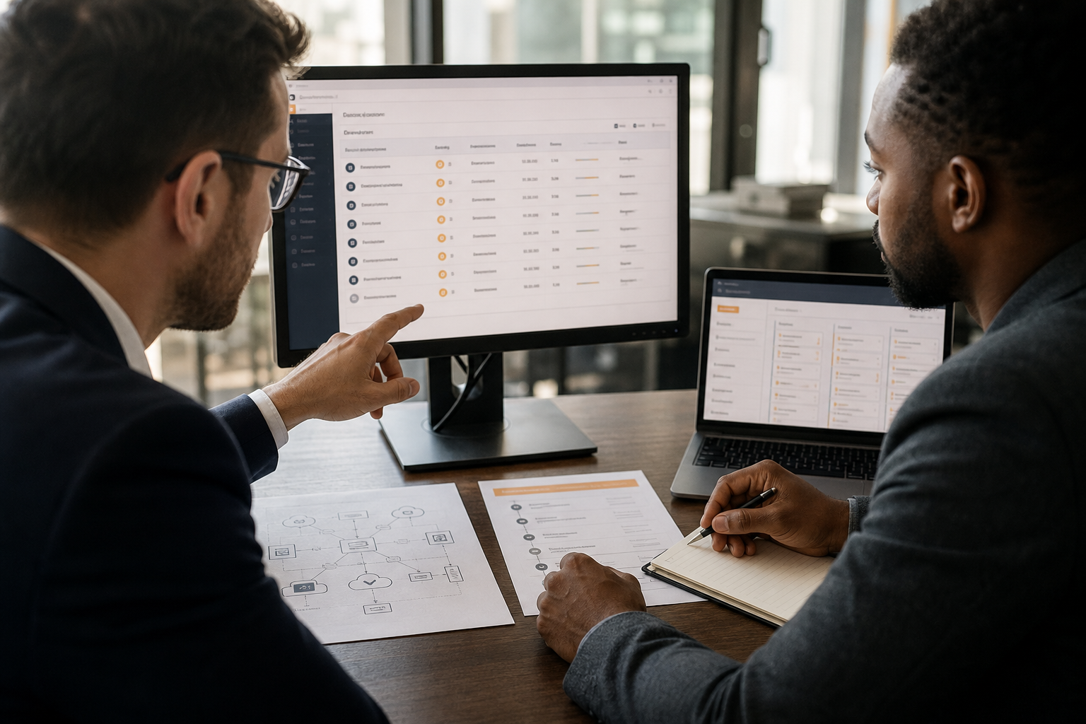 Sales Engineer And Security Leader Reviewing PoC Results On Modern Workstation