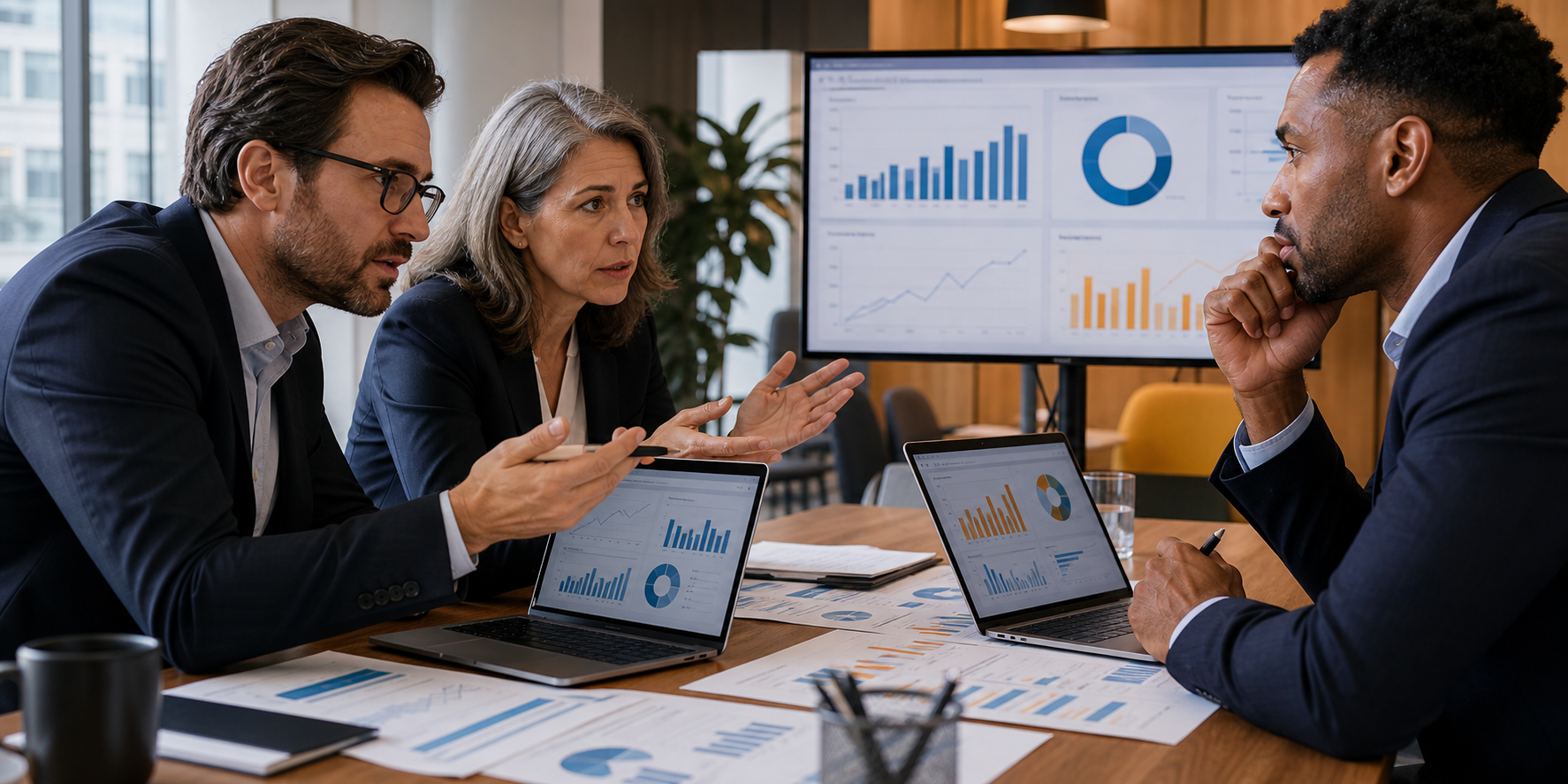 Sales Leaders Analyzing Conflicting Dashboards In Meeting