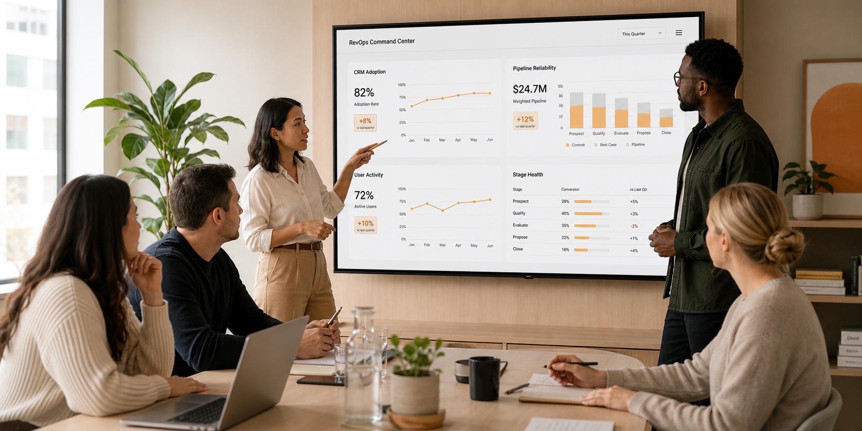 Sales Leadership Reviewing CRM Metrics in Modern SaaS Office