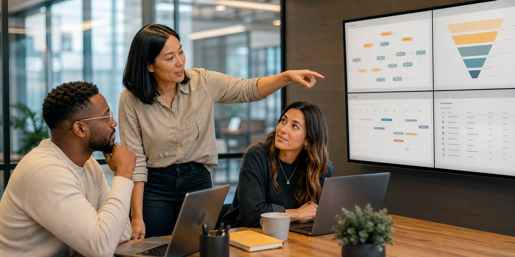 Sales Team Analyzing HubSpot Pipeline on Screens