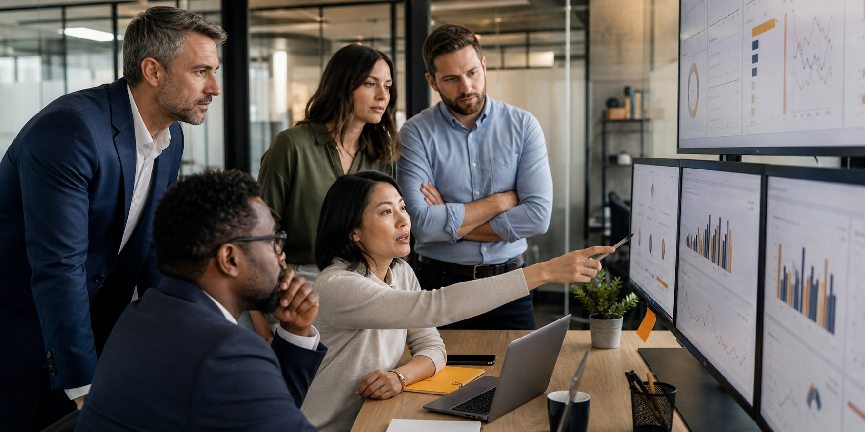 Sales Team Reviewing CRM Dashboards In Modern Office