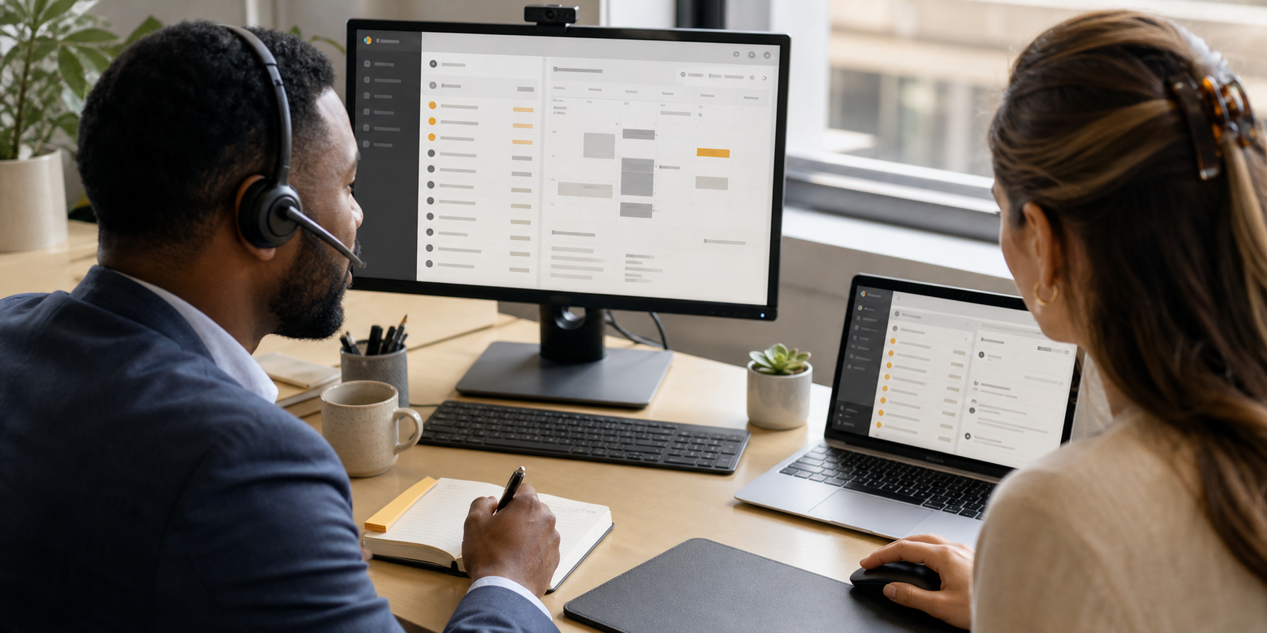 Sales Team Reviewing CRM Workflow at Modern Workstation