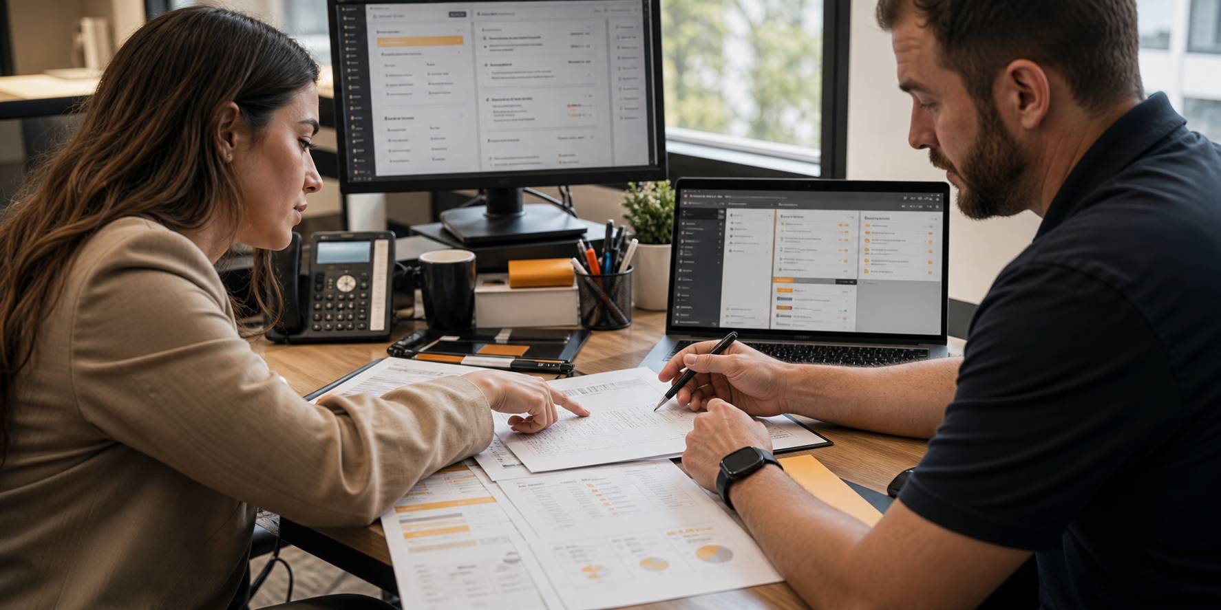 Sales Team Reviewing Service Agreement At Workstation