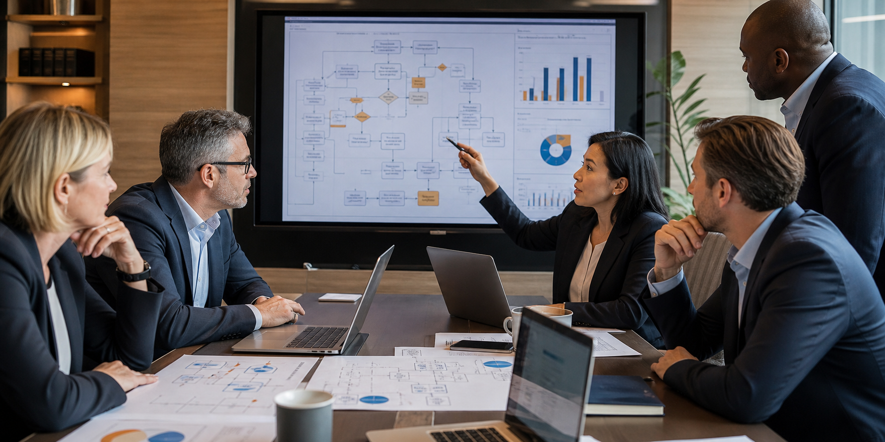 Senior Revenue Leaders Reviewing CRM Dashboards In Conference Room