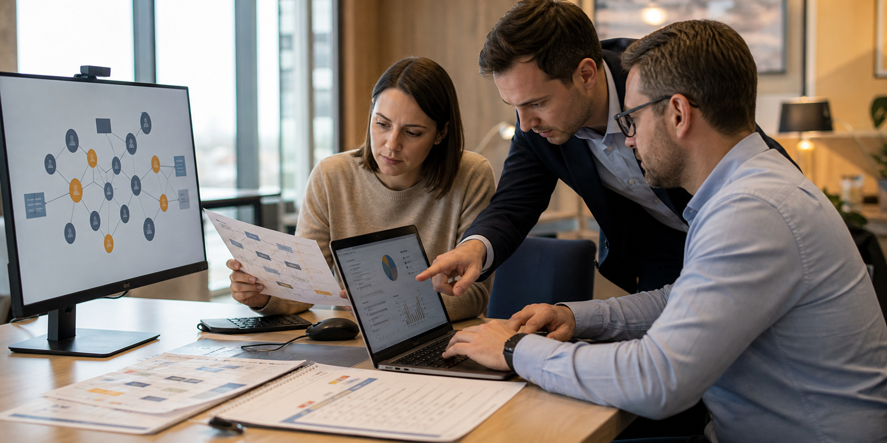 Specialists Analyzing CRM Discrepancies At Modern Workstation