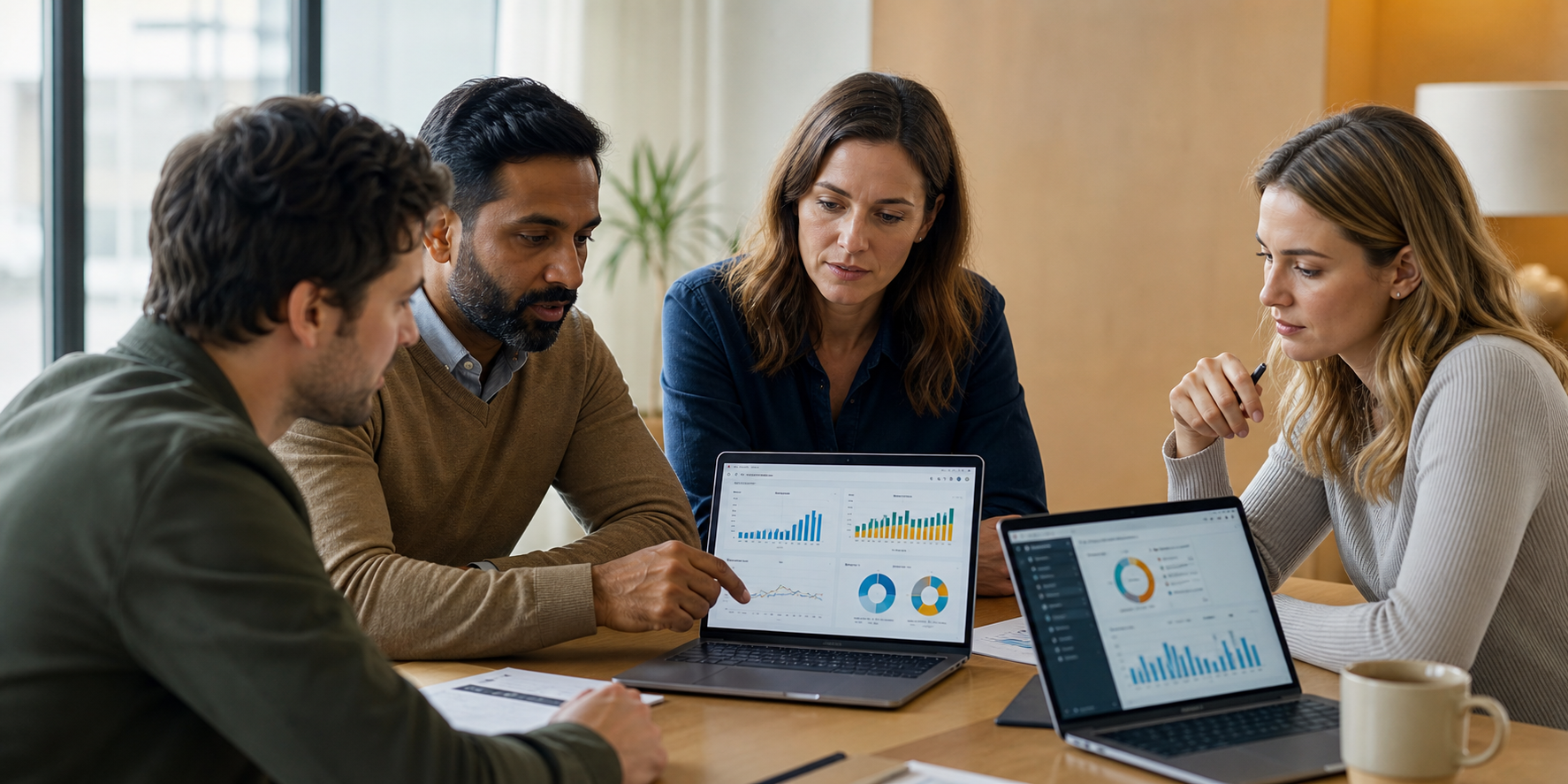 Team Reviewing CRM Adoption Dashboards In Modern Office