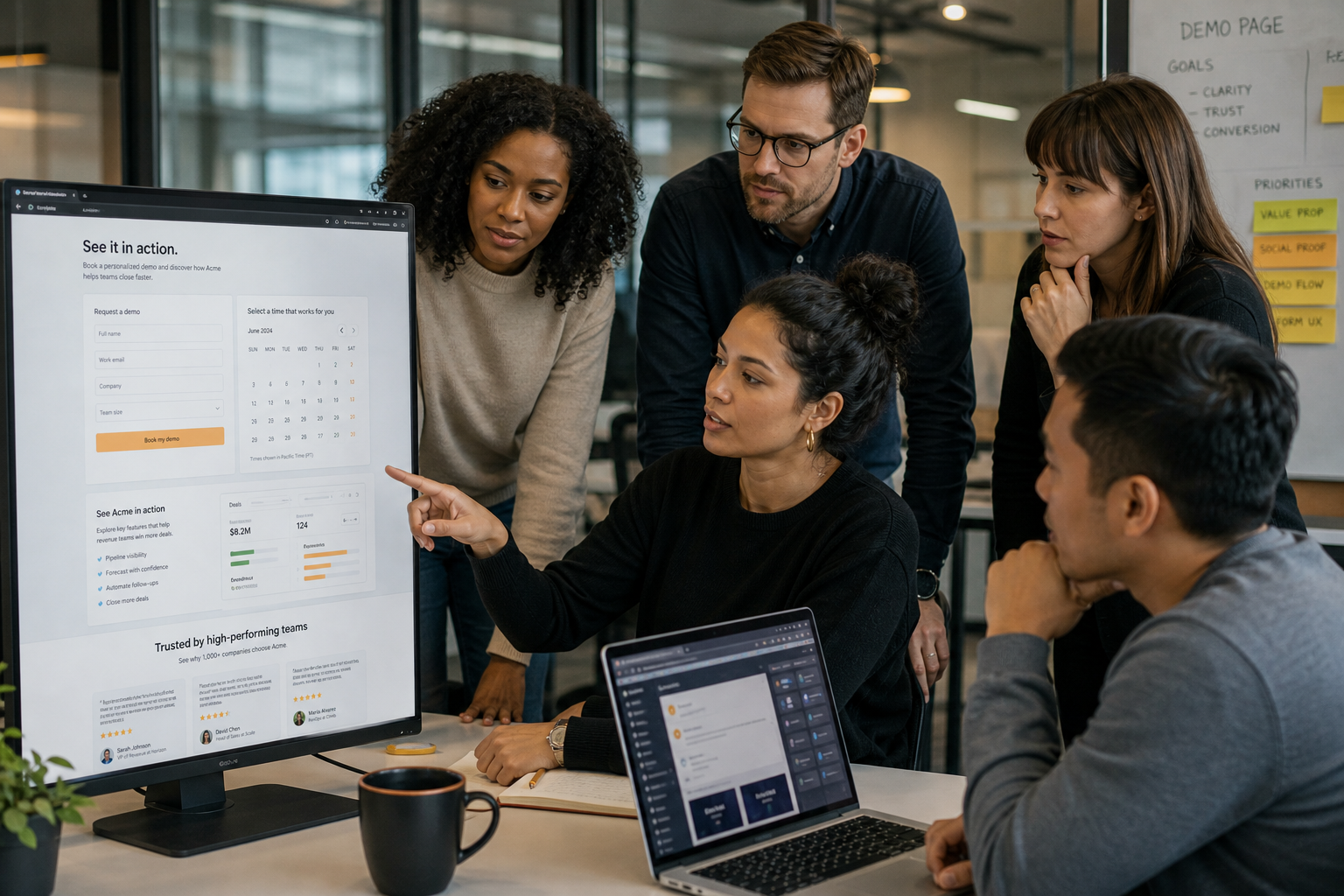 Team Reviewing SaaS Demo Pages In Modern Office