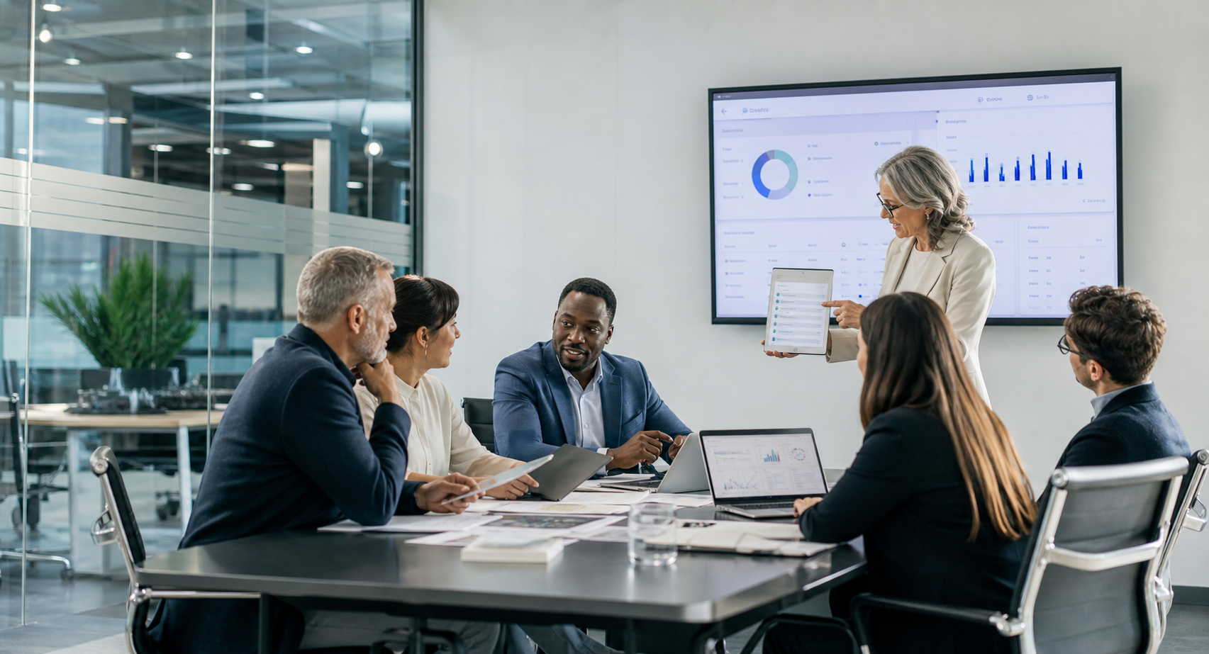 Tech Team Analyzing Compliance Data in Modern Conference Room