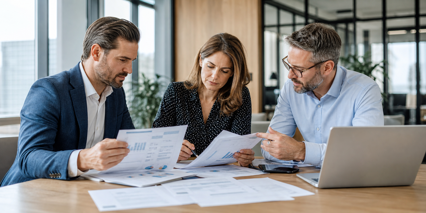 Three Business Leaders Reviewing Pipeline Data In Modern Office