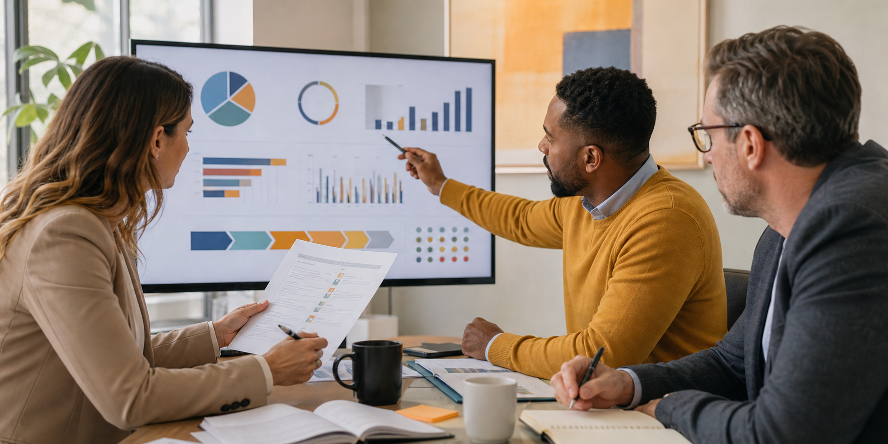 Three Colleagues Reviewing CRM Charts In Meeting Room