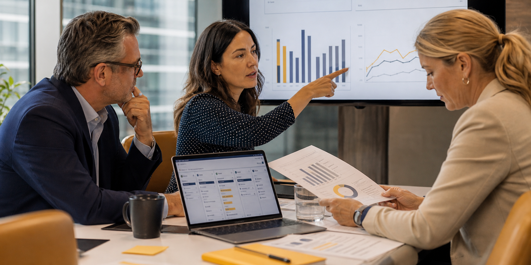 Three Executives Analyzing Revenue Discrepancies At Conference Table